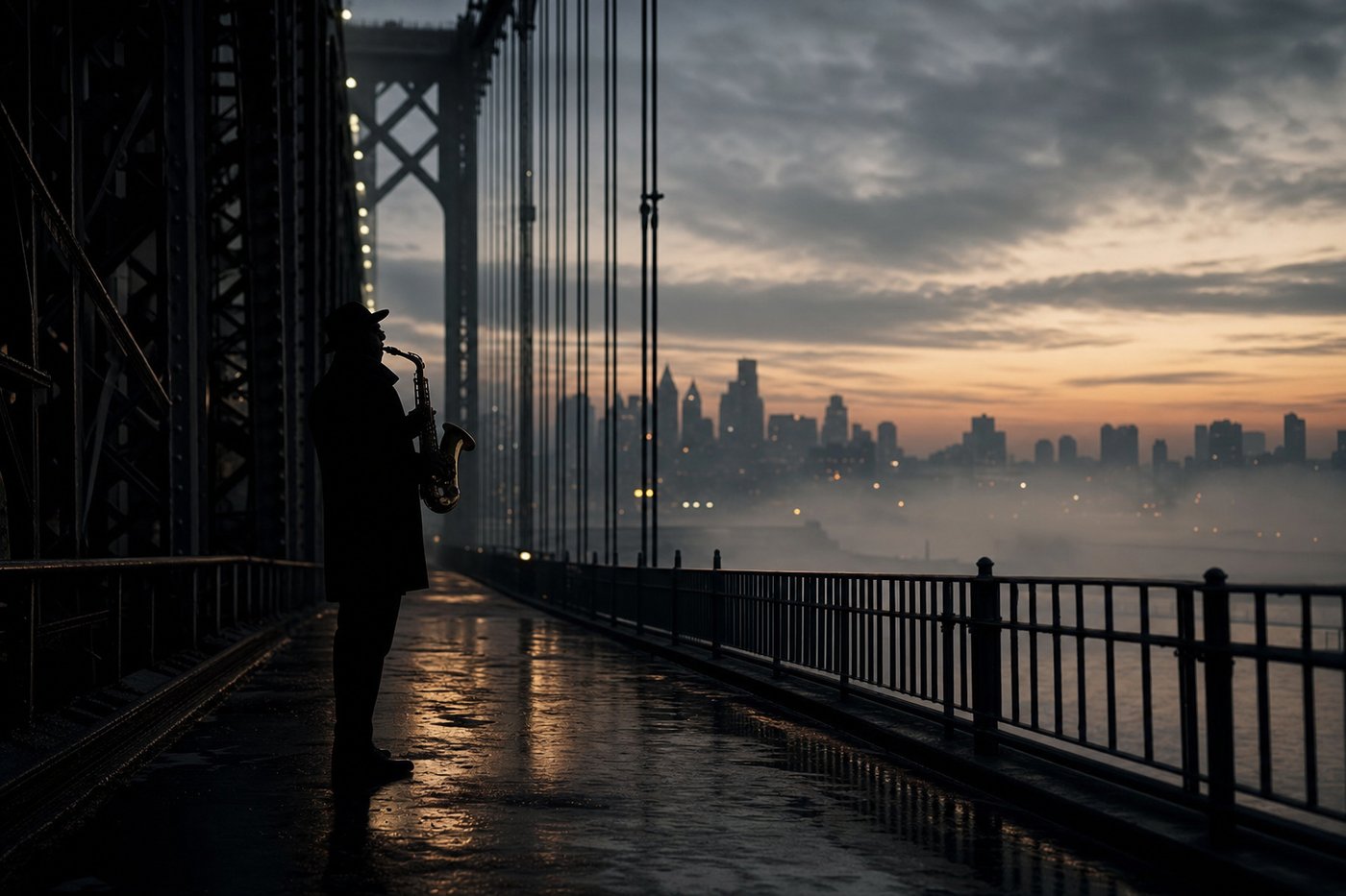 saxophoniste sur un pont au crépuscule